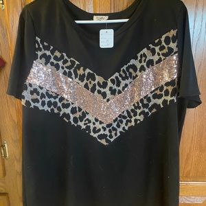 BiBi black shirt with Leopard detailing and copper sequins.